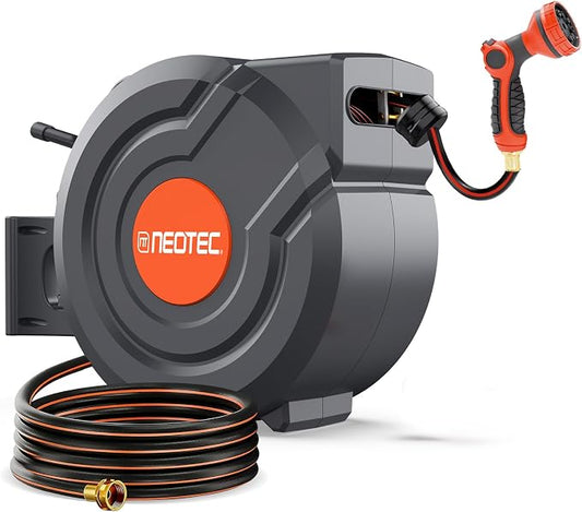 150FT Retractable Garden Hose Reel 1/2 Inch, Wall Mounted Heavy Duty Water Hose with Auto-Lock, Slow Return, 180° Swivel Bracket & 9-Pattern Spray Nozzle – UV Resistant Outdoor Hose Storage System
