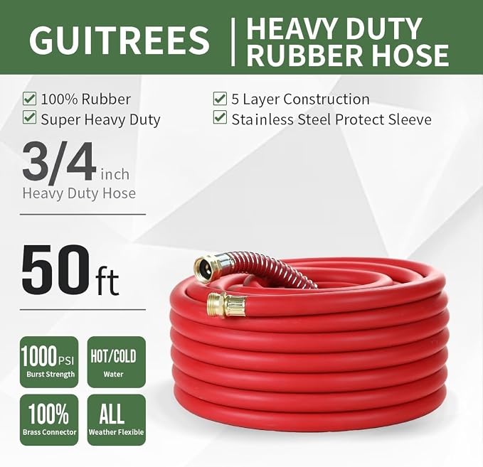 Guitrees 50FT 3/4 Heavy Duty Rubber Garden Hose - 300psi Working, 1000psi Burst - Hot/Cold Water - Five-Layered Braiding for Durability - Versatile for Gardening, Agriculture, Construction(Red)