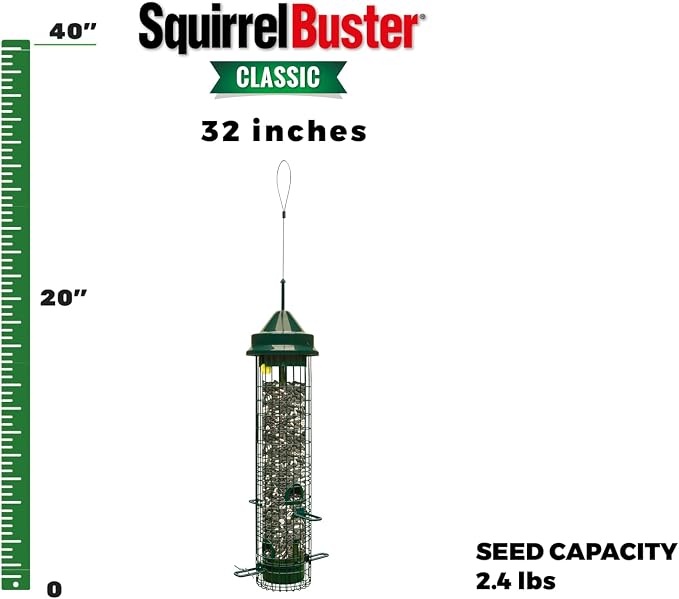 Squirrel Buster Classic Squirrel-proof Bird Feeder w/4 Feeding Ports, 2.4-pound Seed Capacity | Weight-Activated Shroud Blocks Squirrels, 4 Feeding Ports, 2.4 Lb Seed Capacity, 32 Height, Tool-Free Disassembly