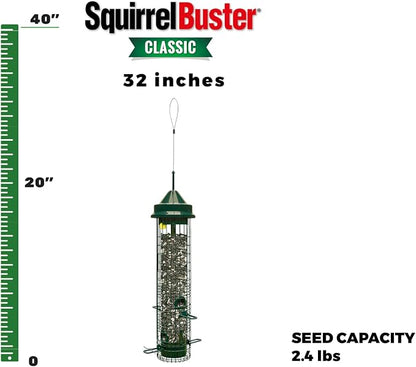 Squirrel Buster Classic Squirrel-proof Bird Feeder w/4 Feeding Ports, 2.4-pound Seed Capacity | Weight-Activated Shroud Blocks Squirrels, 4 Feeding Ports, 2.4 Lb Seed Capacity, 32 Height, Tool-Free Disassembly