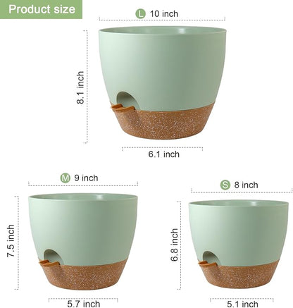 WSMKSZ 10/9/8 inch Self Watering Pots, Planter, Plant Pots with Mesh Drainage Holes for Indoor Outdoor Garden Plants, Plastic Flower Pots with Deep Reservoir for House Plants, Green with Brown