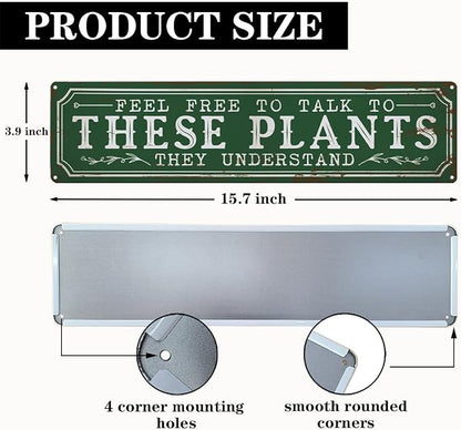 Funny Garden Metal Tin Sign, Rustic Farmhouse Decor, Feel Free to Talk to These Plants, Garden Wall Art for Yard Fence Door Porch, Indoor Outdoor Gardening Decoration, 15.7 x 3.9 Inches