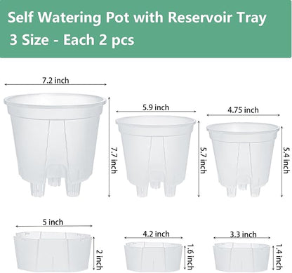 yarlung 6 Pack Self Watering Pots for Indoor Plants with Reservoir Tray and Holes, Clear Plastic Self Watering Planters for Outdoor Plants Flowers, Round 4.75" 6" 7"