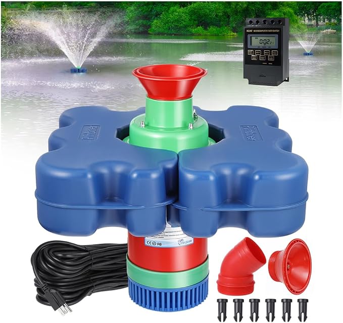 Pond Fountain Aerator Floating with Time Controller for Outdoor Large Ponds | AC110V 1HP 750W with 15000 GPH Aeration System Aerating Fountain Pump for Outdoor Ponds & Lakes with 15A/100FT Power Cord