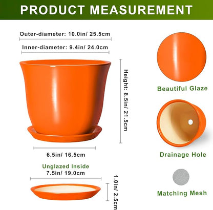 10 Inch Plant Pot - Ceramic Pots for Plants with Drainage Hole and Saucer, Round Planters for Indoor Outdoor Plants, Modern Decorative Planters, Room Home Decor, Gardening Gifts, Orange