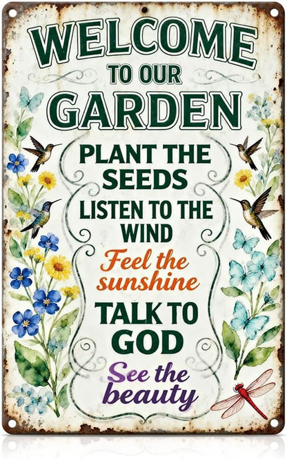 Garden Metal Tin Sign,Welcome To Our Garden Sign | Vintage Funny Wall Art for Outdoor Garden Wall Decor,Gifts for Plant Lovers Women Gardeners