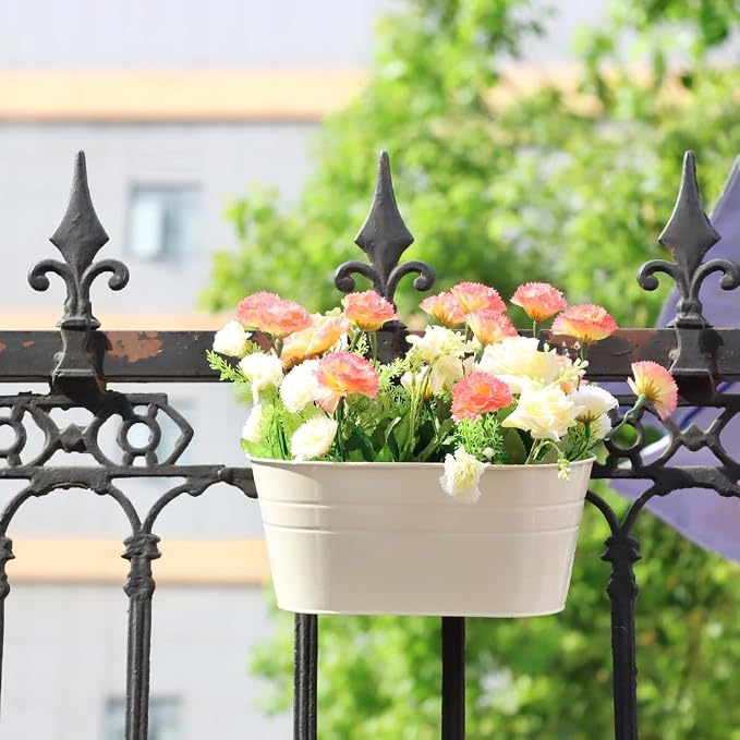 Meltset 3 Pack Metal Iron Hanging Flower Pot, Oval Railing Fence Garden Balcony Planter Pots, Metal Bucket Flower Holders for Wall Indoor Outdoor Home Décor, Beige