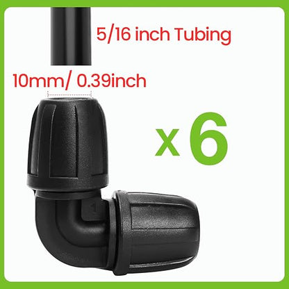 Bonviee 6 Pack 5/16” Drip Irrigation Elbow Connectors, 90° Barbed Lock Fittings for 5/16 Inch Tubing, Leak-Proof Corner Connector for Garden Hose Layout, Irrigation System Repair and Setup