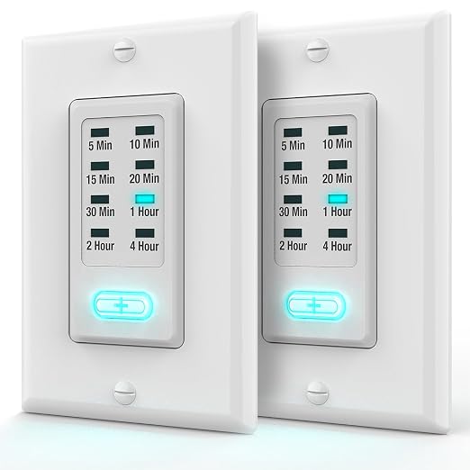 Fosmon Countdown Light Timer Switch for Bathroom, Heaters, 5-10-30-60 Min, 2-4 Hour Programmable in-Wall Timer Switch with 9 Settings 1875W, Neutral Wire Required, 2PACK, ETL Listed