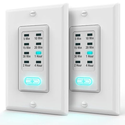 Fosmon Countdown Light Timer Switch for Bathroom, Heaters, 5-10-30-60 Min, 2-4 Hour Programmable in-Wall Timer Switch with 9 Settings 1875W, Neutral Wire Required, 2PACK, ETL Listed