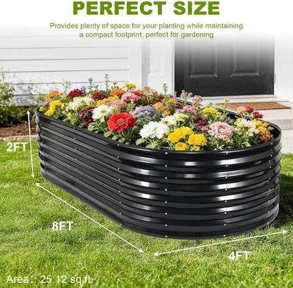 24" Tall Galvanized Raised Garden Bed Outdoor, 8x4x2ft Deep Metal Planter Box with Safety Edging & Support Bars, Large Oval Raised Beds for Gardening Plants Vegetables Herbs Flowers (Dark Grey)
