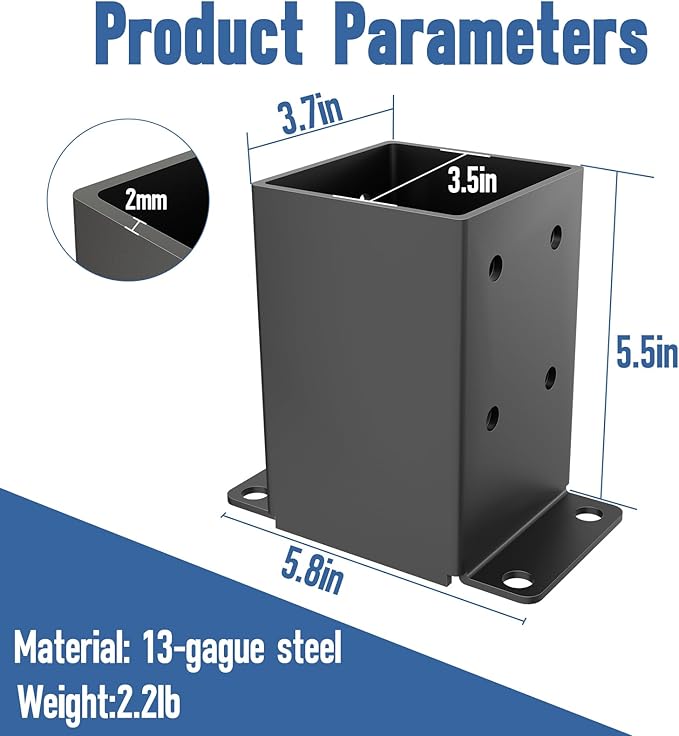 4x4 Post Base 2 Pcs, Heavy Duty Post Anchor with Anti-Corrosive Partition, Inner Size 3.5"x3.5", 13 Gauge Thick Solid Steel, Rust-Proof Powder-Coated Wood Fence Post Brackets for Support Deck, Pergola