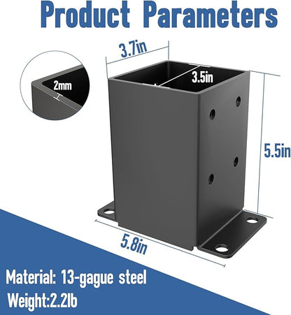 4x4 Post Base 2 Pcs, Heavy Duty Post Anchor with Anti-Corrosive Partition, Inner Size 3.5"x3.5", 13 Gauge Thick Solid Steel, Rust-Proof Powder-Coated Wood Fence Post Brackets for Support Deck, Pergola