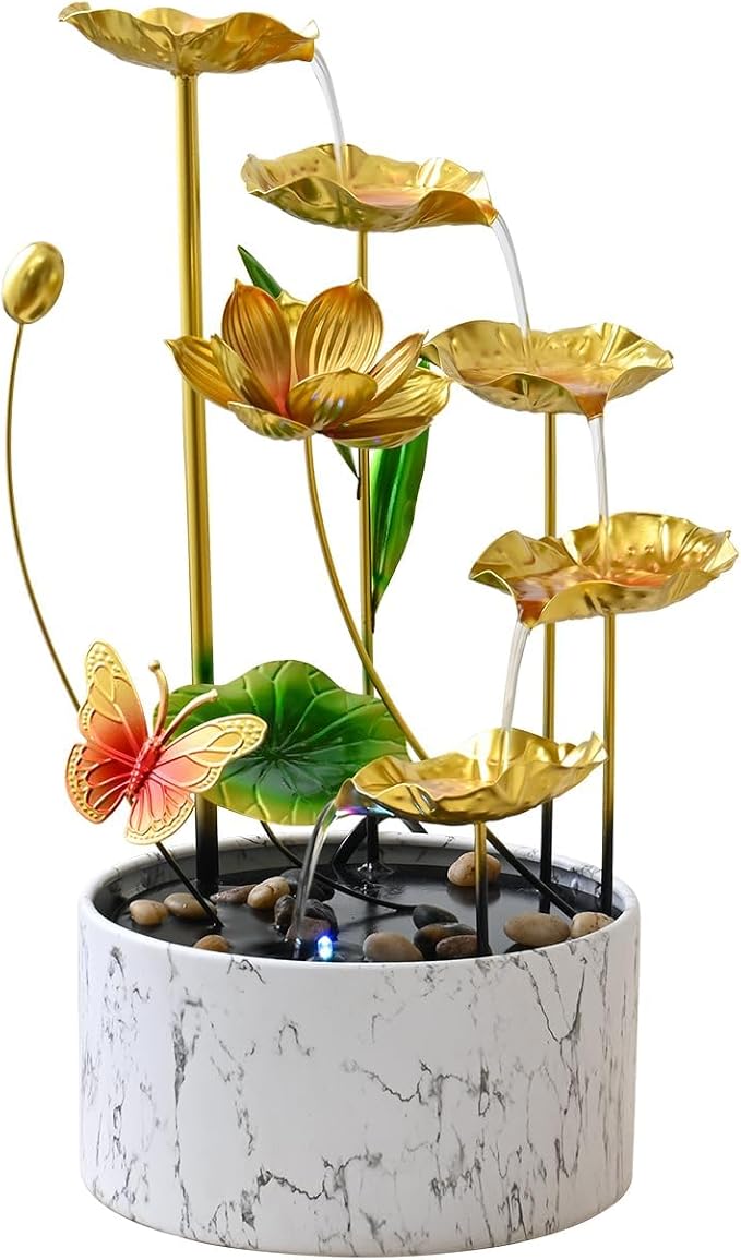 16 Inch Gold LED Metal Tabletop Indoor Water Fountain for Desk Living Room Office