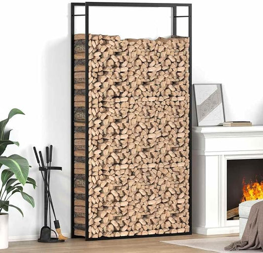 vidaXL Firewood Rack, Fire Log Stand Stacker Holder for Fireplace, Outdoor Indoor Metal Wood Pile Storage Organizer, Matt Black Steel