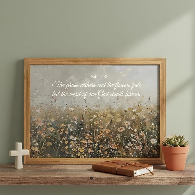smvexyl Framed Christian Bible Verse Wall Art Canvas, Isaiah 40:8 Scripture Wildflower Meadow Painting Religious Wall Decor Faith Inspirational Picture for Living Room Bedroom Home Decoration 8x10 12x16 16x24