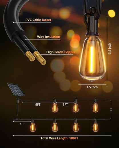 Brightown 100FT Solar String Lights Outdoor Waterproof with Remote, 31+2 LED Shatterproof Bulbs, Dimmable & Timable, 3 Light Modes, Solar Lights for Backyard Party Patio Decor - 26Hrs Runtime