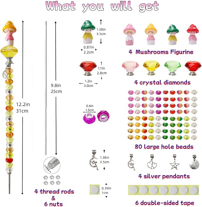 102 Pcs Fairy Garden Accessories Outdoor Kit - DIY Fairy Wand Beaded Garden Stakes Decorative Kit with Miniature Mushrooms Figurine for Different Festivals, Beadable Items(Mushrooms)