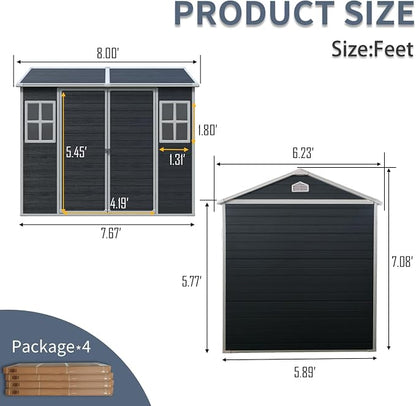 PVWIIK 8x6 ft Resin Outdoor Storage Shed with Floor & Window, Lockable Waterproof All-Weather Utility Shed for Garden Tools & Trash Bins, Black
