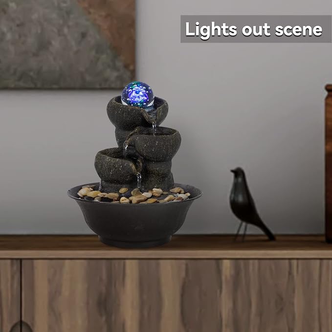 Ferrisland Indoor Tabletop Water Fountain, Desktop & Table Waterfall Fountains, Relaxation Fengshui Home Decor with LED Light for Home Office Bedroom House Warming Gift Idea (Three Stairs)