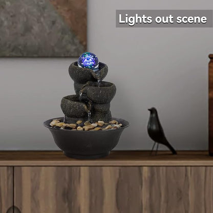 Ferrisland Indoor Tabletop Water Fountain, Desktop & Table Waterfall Fountains, Relaxation Fengshui Home Decor with LED Light for Home Office Bedroom House Warming Gift Idea (Three Stairs)