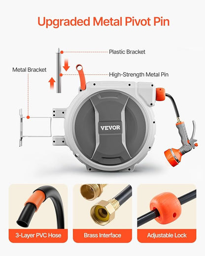 VEVOR Retractable Garden Hose Reel, 1/2 Inch x 145 ft Wall Mounted Hose Reel, Heavy Duty Garden Hose Reel with 9 Patterns Nozzle, Any Length Lock, Upgraded Slow Return System and 180°Swivel Bracket | Heavy Duty Garden Tool with 9 Patterns Nozzle, Any L...