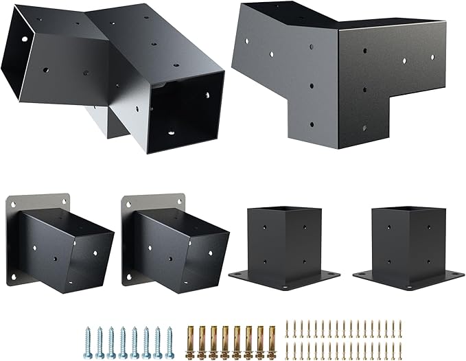 Pergola Brackets, 2 Pack Woodworks Pergola Kit 15° 3-Way Right Angle Corner Bracket with Post Base for 4x4'' (Actual: 3.5x3.5'') Wood Beams Elevated Wood Stand Kit 6 Pc