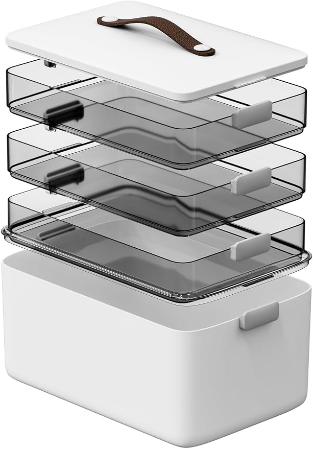 Spreezy 4-Tier Medicine Storage Box, Portable Empty First Aid Kit | Cabinet with Leather Handles. Large Capacity Multifunctional Storage Box with Lid and Clasp for Medicine, Sewing, Art, Craft