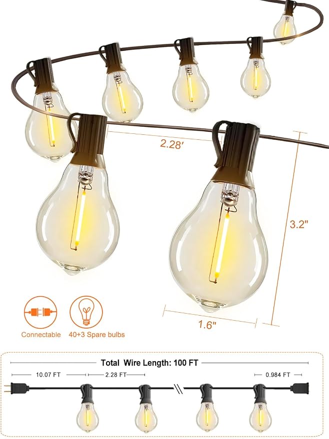 DAMAING Outdoor String Lights 100FT Patio String Lights Waterproof with 43 Shatterproof Dimmable A39 LED Edison Bulbs Connectable Outdoor Lighting for Backyard Bistro and Balcony 2700K