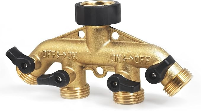 ‌VANCOCO 4 Way Garden Hose Splitter, 3/4" Heavy Duty Solid Brass Hose Splitter With 4 Shut-off for Outdoor Faucet & Garden Hose