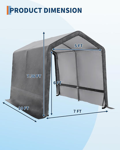 GarveeLife 7x10 ft Outdoor Portable Storage Shed with Roll-Up Door & Vent, 240G Heavy-Duty Shelter Waterproof PE Tarp, UV-Resistant Storage Sheds for Motorcycle, Firewood, Garden and Tools -Gray