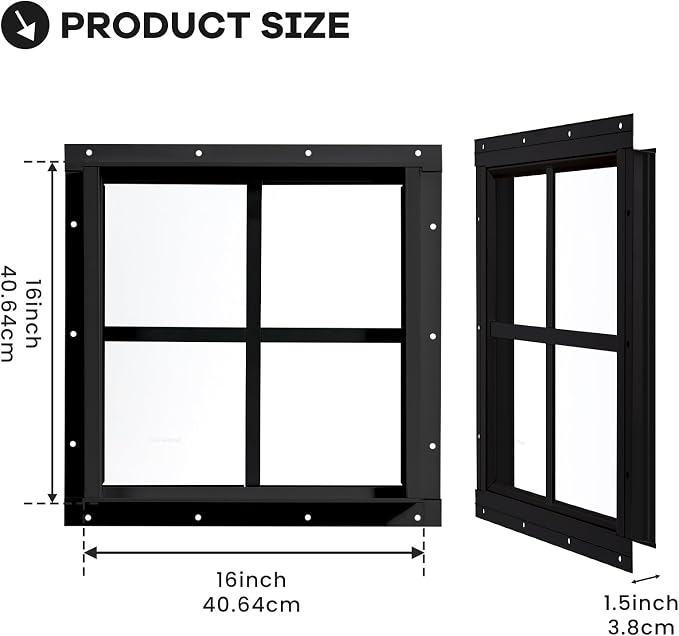 Shed Windows 2 Pack, Chicken Coop Fixed Windows 16" x 16" Black | Square Gable Flush Mounted Small Windows with Tempered Glass for Shed, Barns, Playhouse, Household, Garage