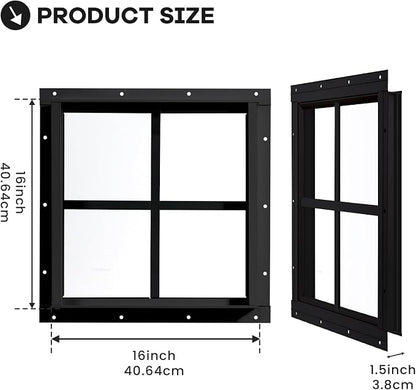 Shed Windows 2 Pack, Chicken Coop Fixed Windows 16" x 16" Black | Square Gable Flush Mounted Small Windows with Tempered Glass for Shed, Barns, Playhouse, Household, Garage