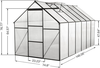 6x12 FT Greenhouse, Walk-in Polycarbonate Greenhouses with Sliding Doors, Aluminum Frame, Adjustable Roof Vent, Raised Base & Anchor, Outdoor Backyard Greenhouse for All Seasons, Black