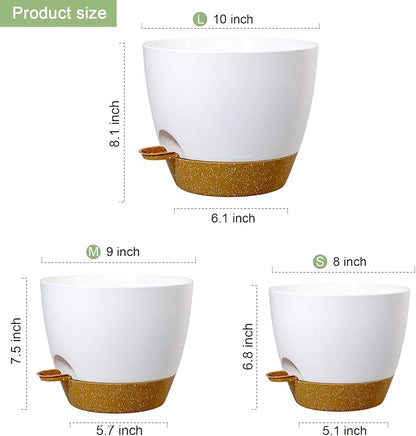 WSMKSZ 10/9/8 inch Medium Self Watering Pots, Planter, Plant Pots with Mesh Drainage Holes for Indoor Outdoor Garden Plants, Plastic Flower Pots with Removable Deep Reservoir, White with Brown