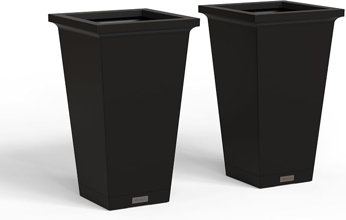 Mayne Renew 24 Inch Planter, Weather Resistant Outdoor Tall Planter with Smart Drainage Planting Insert and Drip Tray, Tapered Modern Flower Planter for Patio Garden or Entryway Decor, 2-Pack
