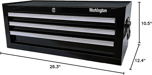 Workington Industrial 3 Drawers Portable Metal Intermediate Box, 26" Middle Tool Chest Cabinet with Ball Bearing Drawer Slides, Steel Tool Storage Box Organizer 4009 Black
