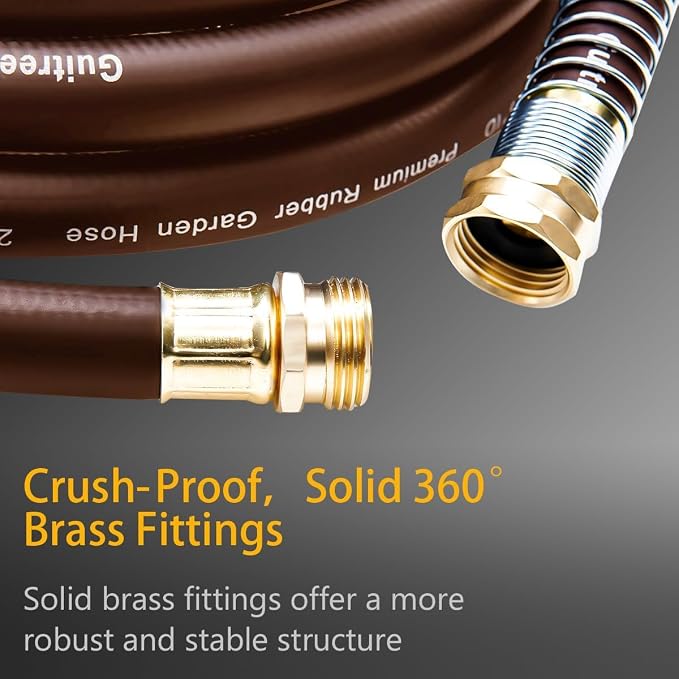 Guitrees Garden Hose 75FT x 5/8", Heavy Duty Rubber Hose, Water Hose with Five Layered Braiding, Male to Female Fittings, 1000PSI Burst, 300PSI Working (Brown)