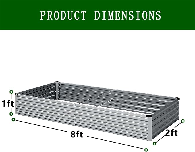 2PCS 8x2x1ft Galvanized Raised Garden Bed Kit,Gardening Planter Box | Outdoor Elevated Metal Planter Box For Vegetables, Flowers, Herbs, Anti-Rust Galvanized Steel, Open Drainage, Sturdy (Silver)