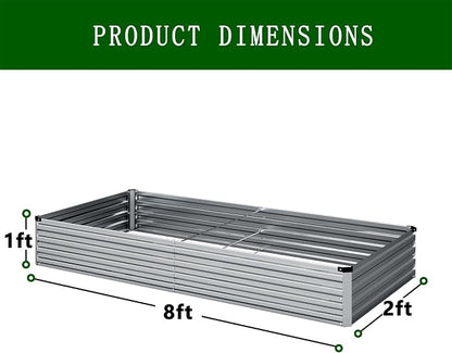 2PCS 8x2x1ft Galvanized Raised Garden Bed Kit,Gardening Planter Box | Outdoor Elevated Metal Planter Box For Vegetables, Flowers, Herbs, Anti-Rust Galvanized Steel, Open Drainage, Sturdy (Silver)