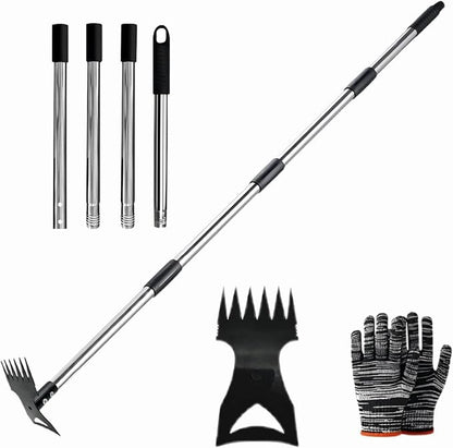 Weed Puller Tool 58" Telescoping, 2-in-1 Adjustable Manual Weeders Garden Hoe & Weed Rake, Long Handle Ergonomic Weeding Tool for Lawn, Garden & Yard Includes Work Gloves