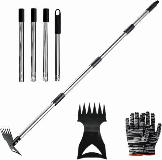 Weed Puller Tool 58" Telescoping, 2-in-1 Adjustable Manual Weeders Garden Hoe & Weed Rake, Long Handle Ergonomic Weeding Tool for Lawn, Garden & Yard Includes Work Gloves