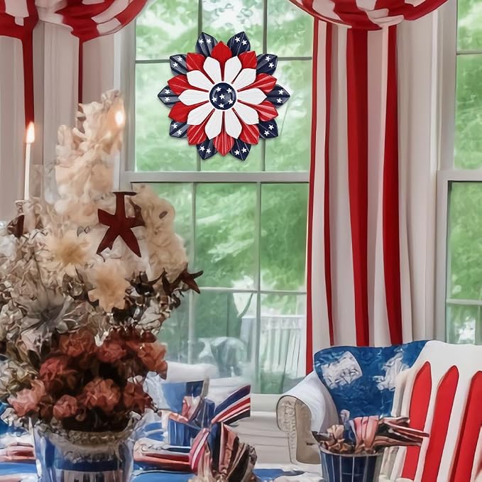 YEAHOME 4th of July Decorations Outdoor, 11" Red White and Blue Metal Flower Wall Art for Fourth of July Decor, Stars and Stripes Patriotic Decorations for Home Garden Lawn Porch
