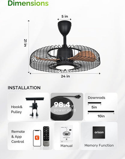 Orison Outdoor Ceiling Fans with Lights for Patio, 24" Weatherproof Ceiling Fan, Gazebo Fan Remote & APP Control, 3CCT Dimmable,Caged Plug in Ceiling Fan with Hanging Hook for Pergola Porch Canopy