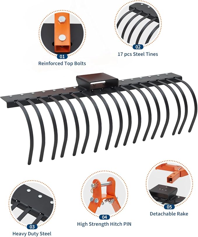 3 Point Hitch Tractor Rake, 50" Landscape Rake Category-0 Cat-1 Tractor with 360 Degree Rotation,Replaceable Spring Steel Tines, Quick Mount for Clearing Brush, Raking Arenas (Yellow)