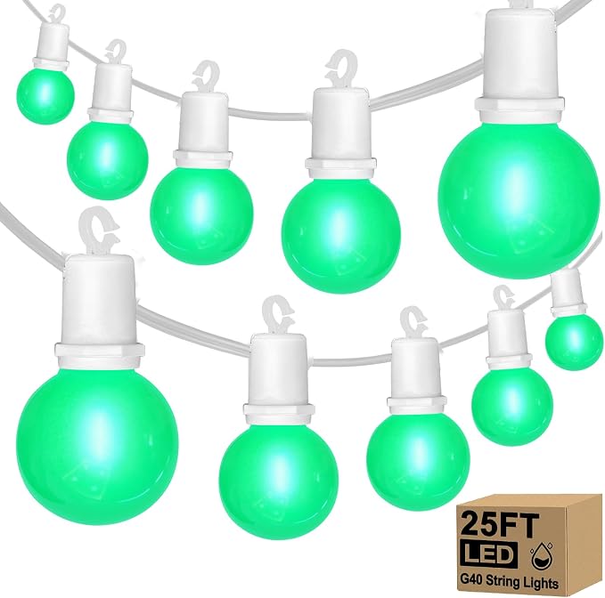 LED St. Patrick's Day String Lights, 25Ft St Patricks Decorations Outdoor | 25+2 G40 Round Bulbs, Connectable, Hanging Patio Lights Shatterproof for Indoor Home Decor Party, White Wire, Ceramic Green