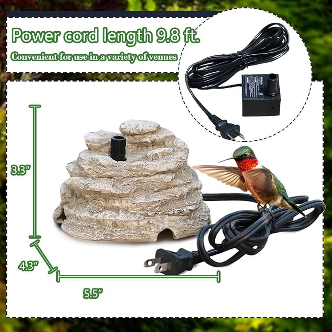 Bird Bath Water Fountain Resin Rock Fountain with 9.8ft Cord Length Water Pump Rock Waterfall for Hummingbird Birdbath Outdoor Decor for Garden Lawn Fish Tank and Aquariums (Grey)