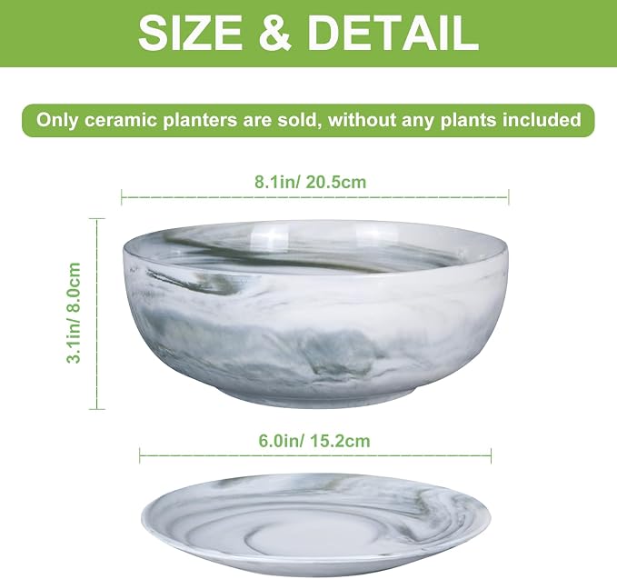 G EPGardening Bonsai Pots, 8 Inch Marble Pattern Ceramic Succulent Pot with Drainage Hole and Plant Saucer, Large Round Planter for Indoor Outdoor Plants, Modern Flower Pot, Plants Lovers Gifts, Grey