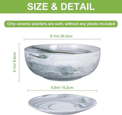G EPGardening Bonsai Pots, 8 Inch Marble Pattern Ceramic Succulent Pot with Drainage Hole and Plant Saucer, Large Round Planter for Indoor Outdoor Plants, Modern Flower Pot, Plants Lovers Gifts, Grey