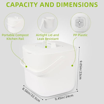 1.85 GAL/7L Kitchen Pail with Handle, Countertop Kitchen Bin, Odor-Tight Indoor Can with Lid， ecocultivatify Compost Bin, Good Helper for Bokashi & Worm Composting (White)